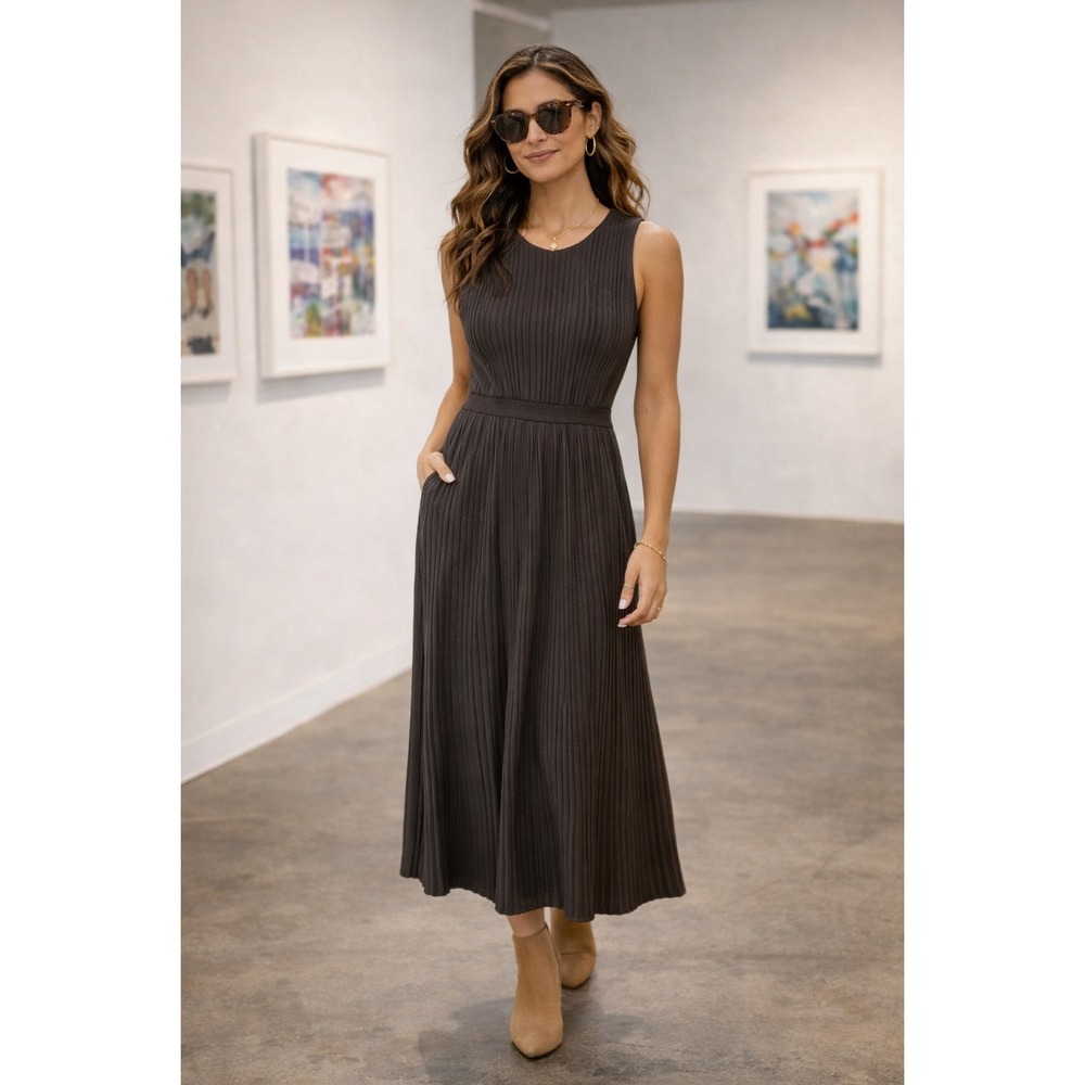 BORDEAUX Knit Maxi Dress Ribbed Belted Dark Brown S P